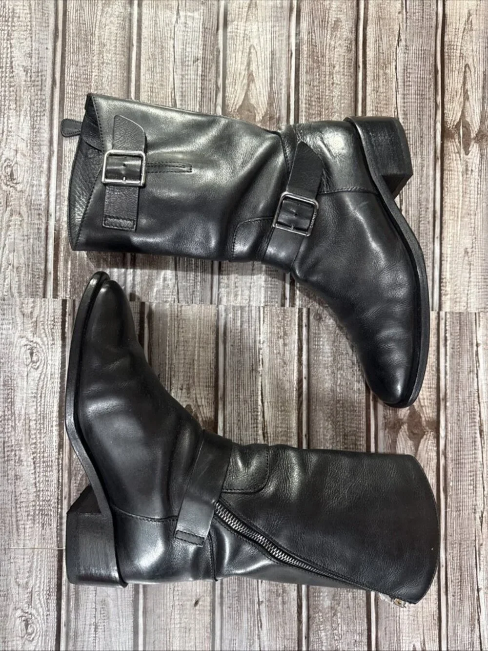 CHANEL Leather Double Buckle Zipper Detail Biker Boots Size 37 EU 7 US